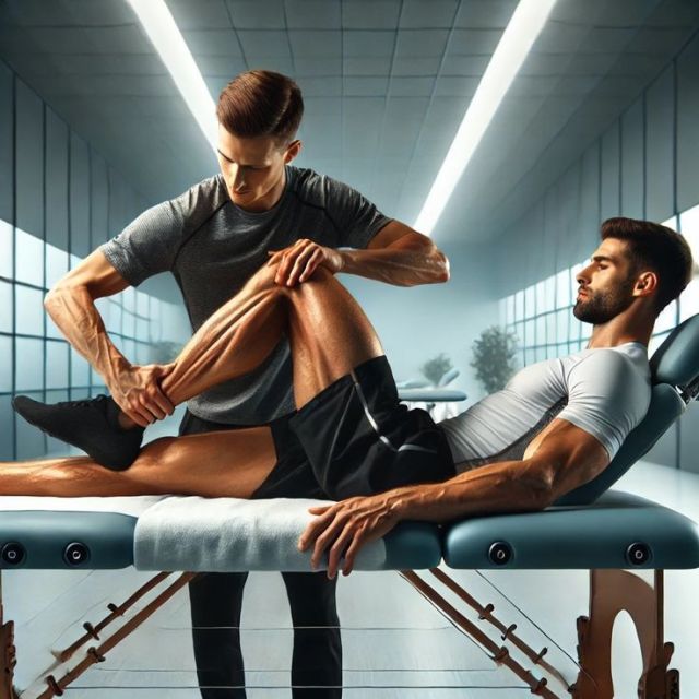 Sports massage therapy on athlete leg muscles in recovery clinic